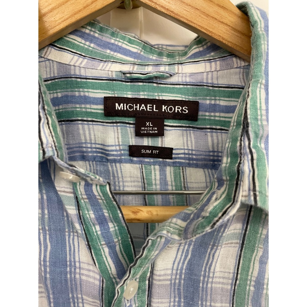 Michael Kors Mens XL Slim Fit Short Sleeve Plaid Button Down Shirt Blue Green - Picture 2 of 5